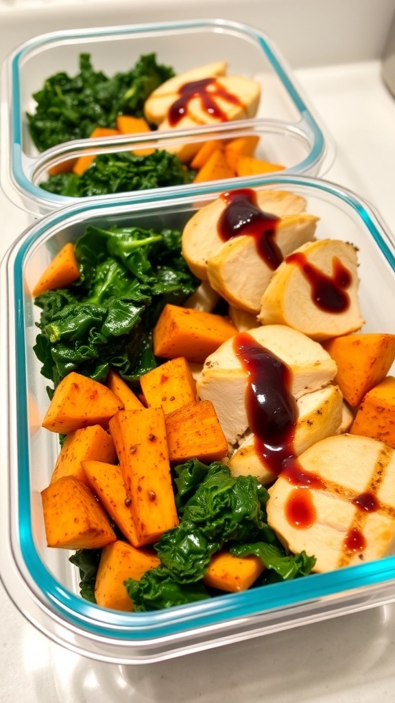 Meal prep container with kale, sweet potatoes, and grilled chicken, drizzled with vinaigrette.